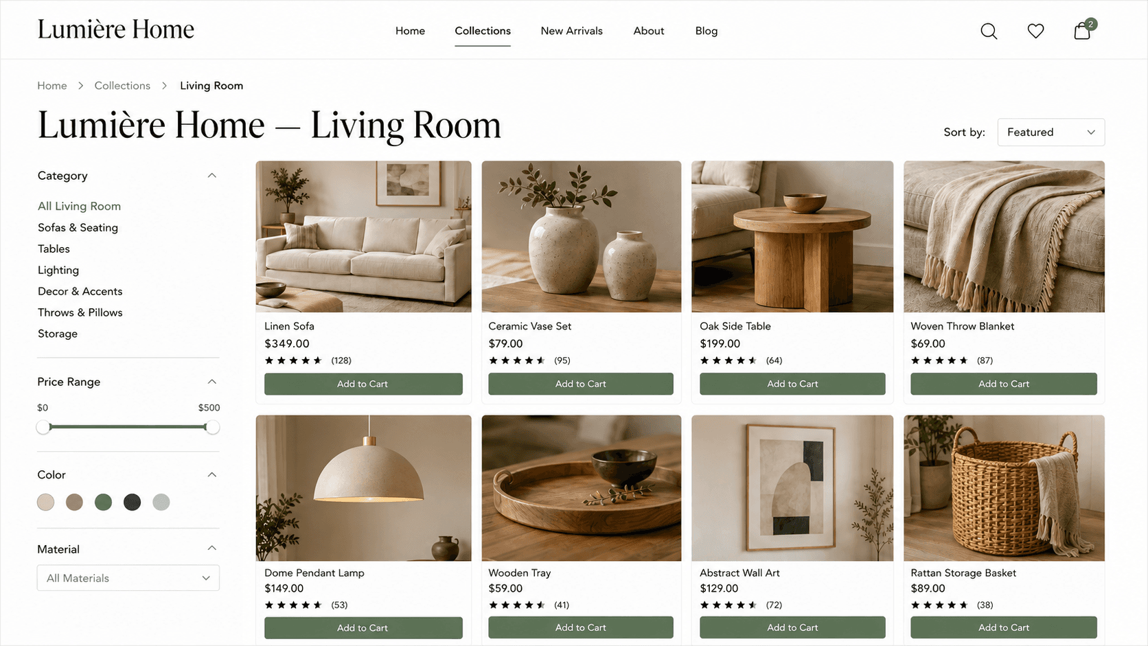 Lumière Home living room collection page