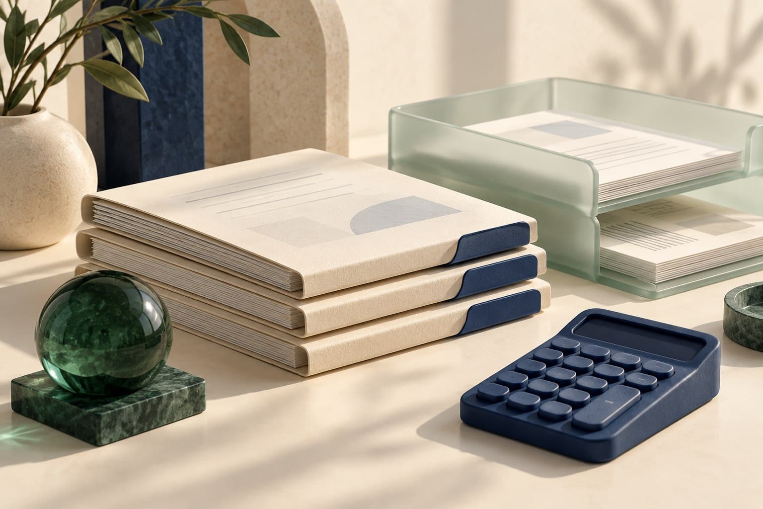 Organized document folders, a glass paper tray, and an indigo calculator on a desk.