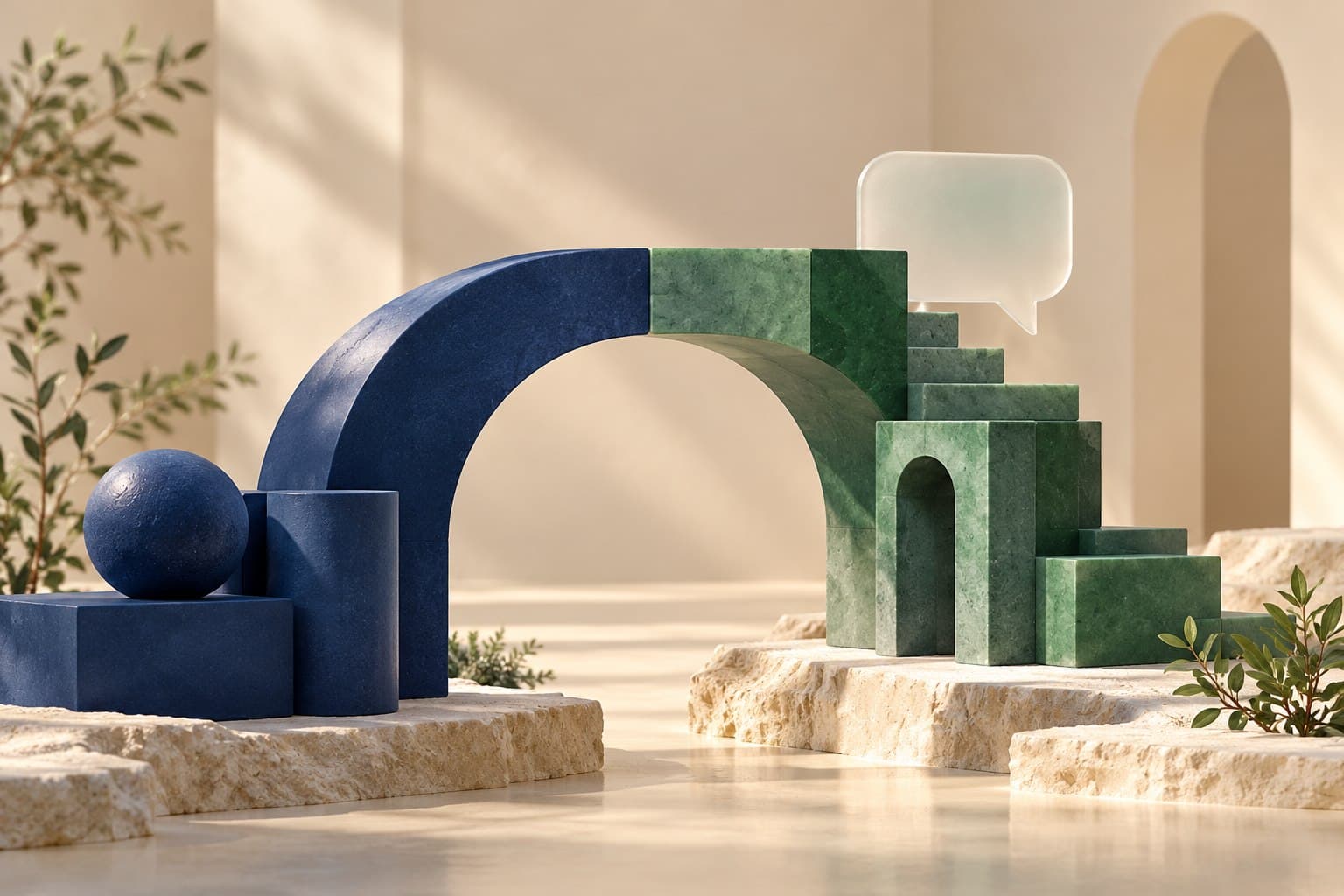 An indigo arch joins emerald steps to form a bridge, with a glass conversation bubble above.