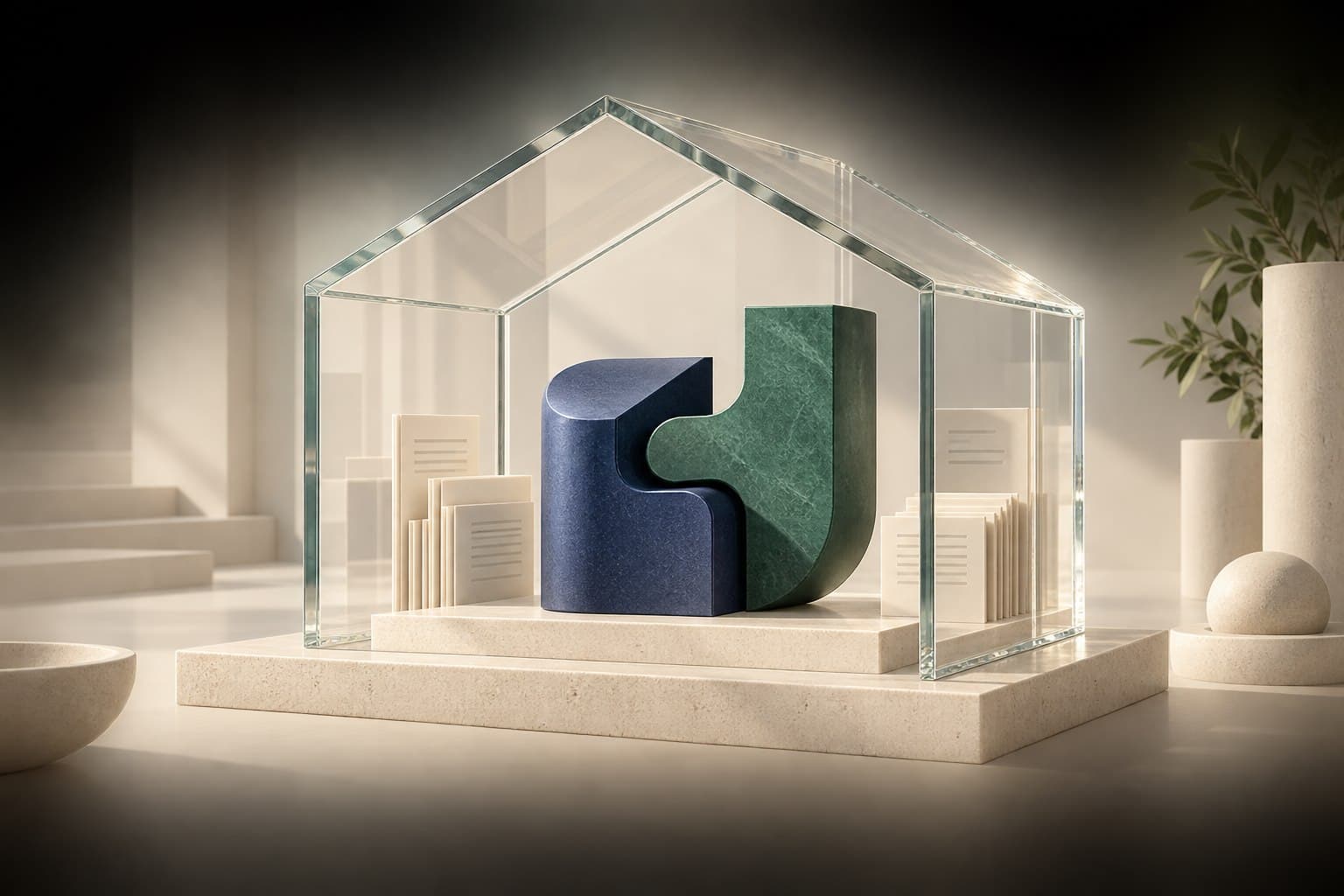 Two interlocking blue and green forms and orderly documents inside a transparent glass structure.